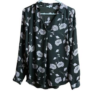 Maurices Brown Pink Floral Print Collared VNeck Long Sleeve Blouse Top Size S